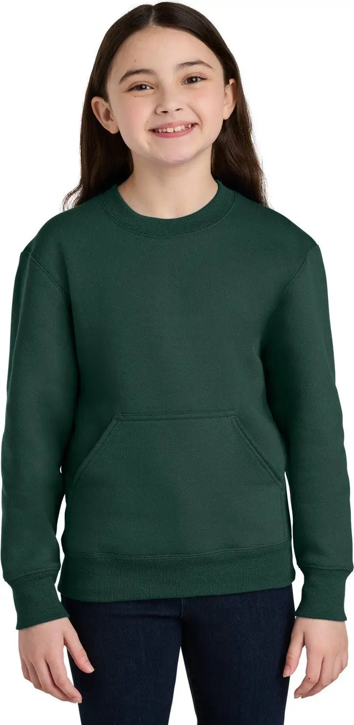 Port & Company Pc78ypkt co Youth Core Fleece Crewneck Pocket Sweatshirt - Dark Green - Xs