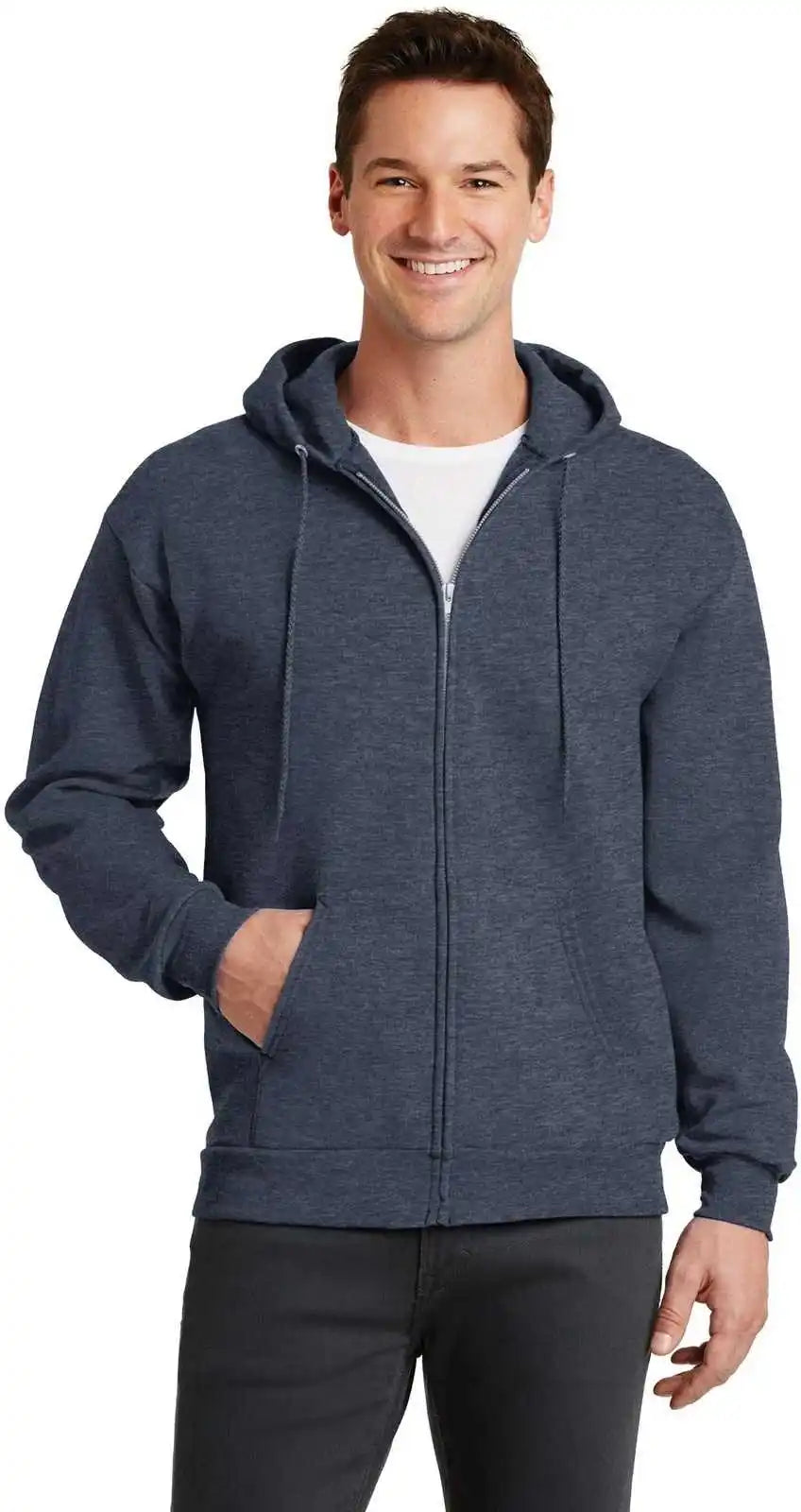 Port & Company Pc78zh Core Fleece Full Zip Hooded Sweatshirt Heather Navy