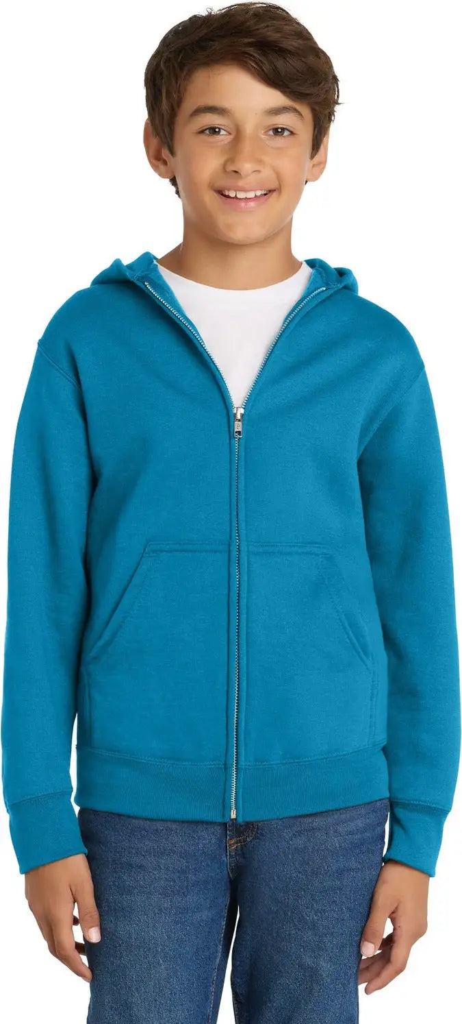 Port & Company Pc90yzh co Youth Core Fleece Full-zip Hooded Sweatshirt - Neon Blue
