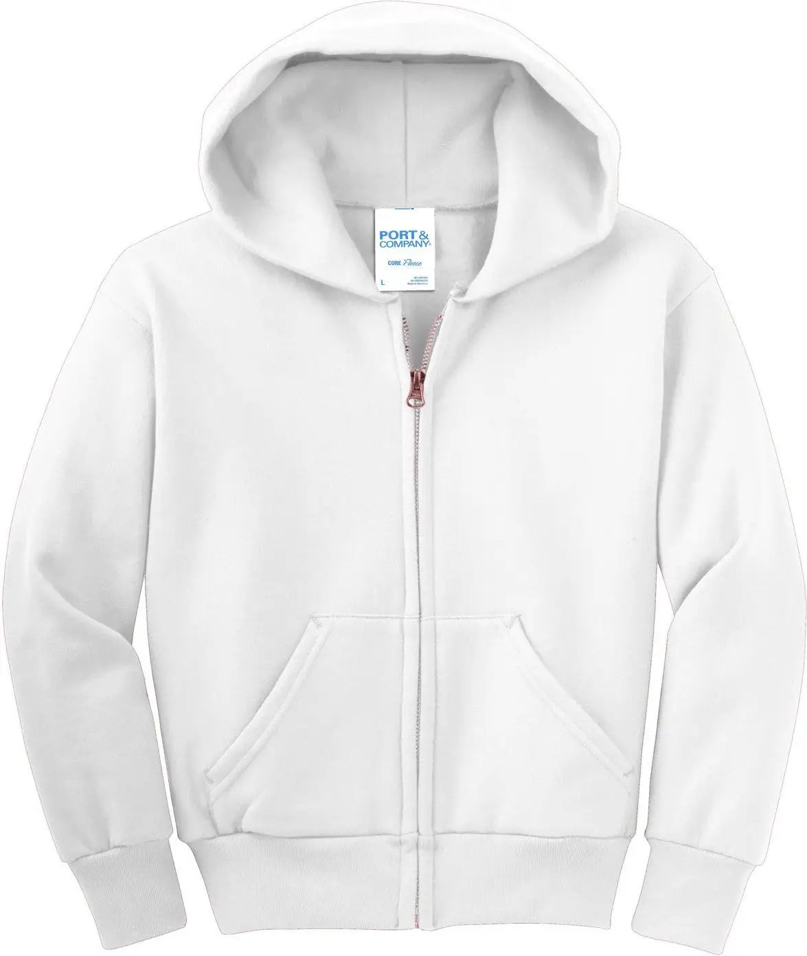 Port & Company Pc90yzh co Youth Core Fleece Full-zip Hooded Sweatshirt - White