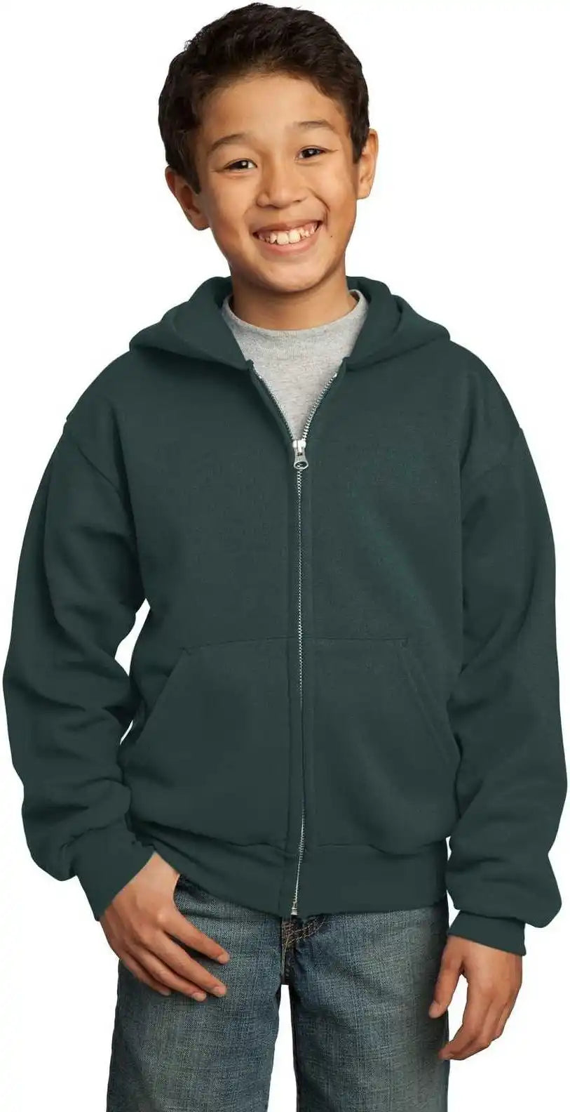 Port &amp; Company Pc90yzh Youth Core Fleece Full Zip Hooded Sweatshirt Dark Green