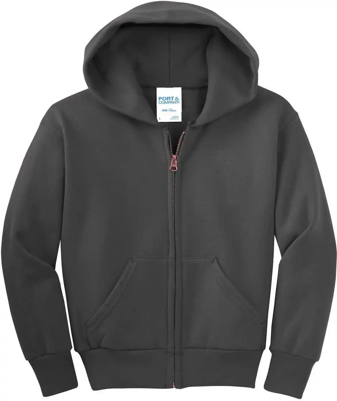 Port &amp; Company Pc90yzh Youth Core Fleece Full Zip Hooded Sweatshirt Charcoal