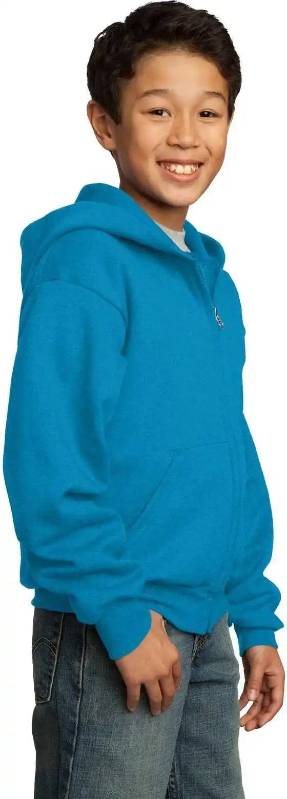 Port &amp; Company Pc90yzh Youth Core Fleece Full Zip Hooded Sweatshirt Neon Blue