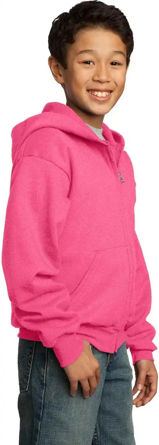 Port &amp; Company Pc90yzh Youth Core Fleece Full Zip Hooded Sweatshirt Neon Pink