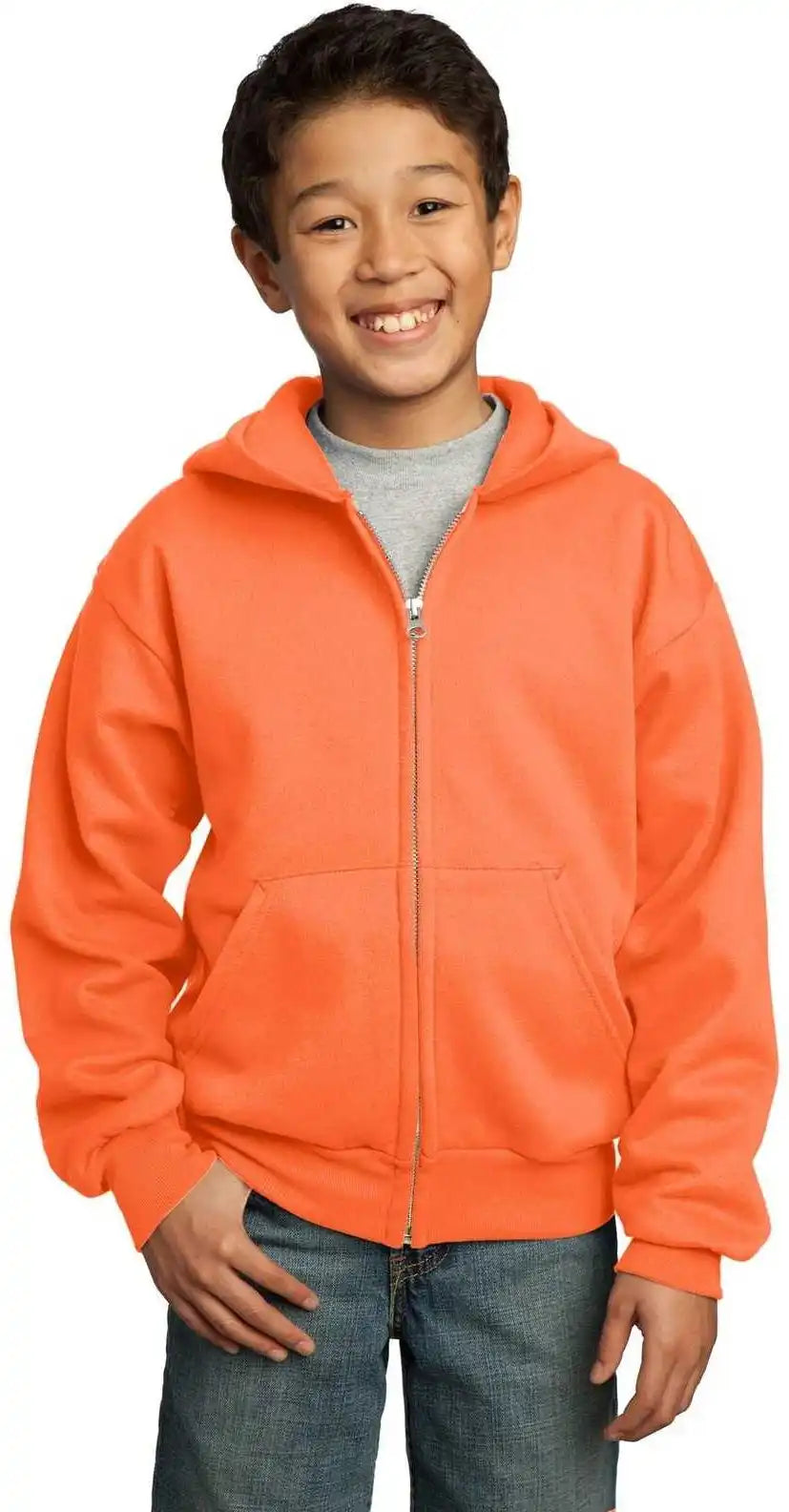 Port & Company Pc90yzh Youth Core Fleece Full-zip Hooded Sweatshirt - Neon Orange