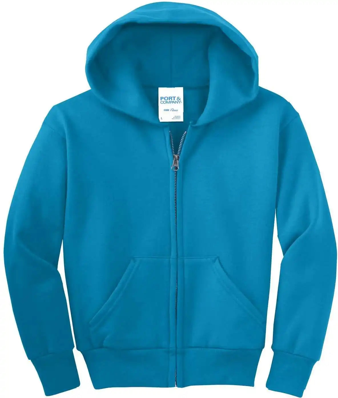 Port &amp; Company Pc90yzh Youth Core Fleece Full Zip Hooded Sweatshirt Neon Blue