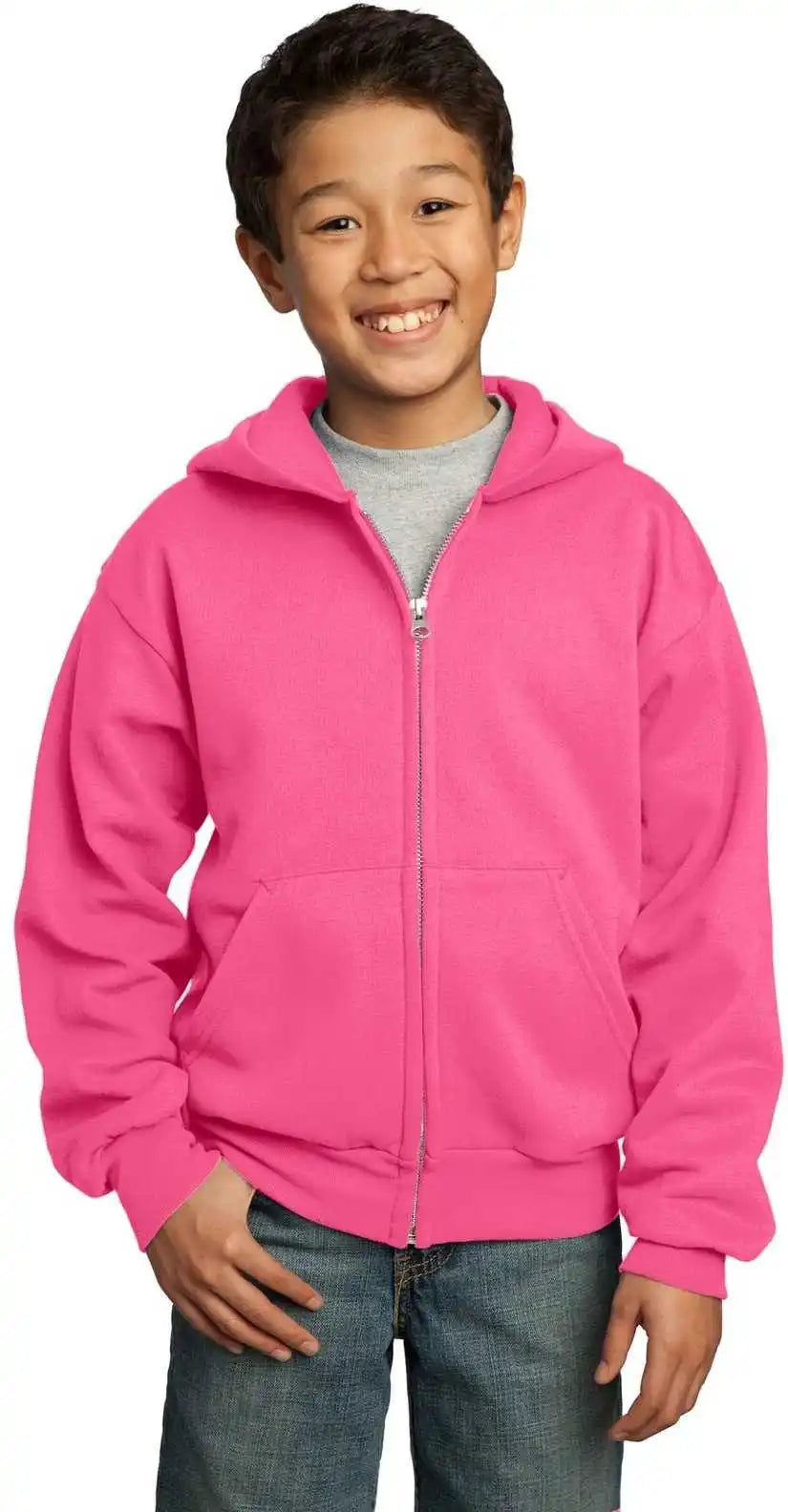 Port & Company Pc90yzh Youth Core Fleece Full Zip Hooded Sweatshirt Neon Pink
