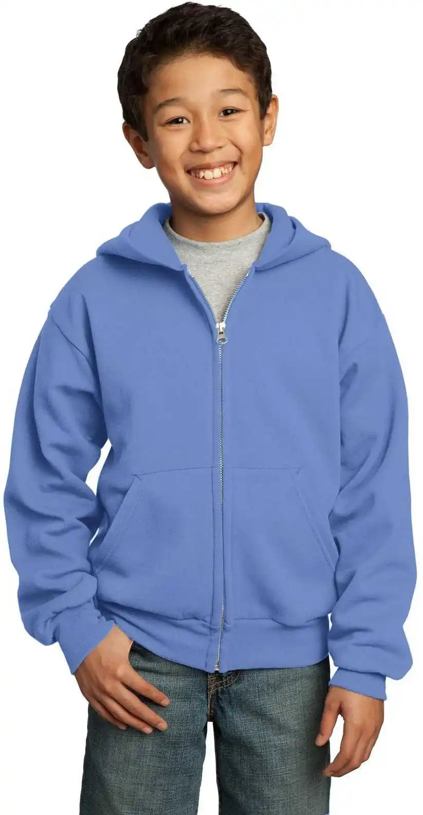 Port &amp; Company Pc90yzh Youth Core Fleece Full Zip Hooded Sweatshirt Carolina Blue