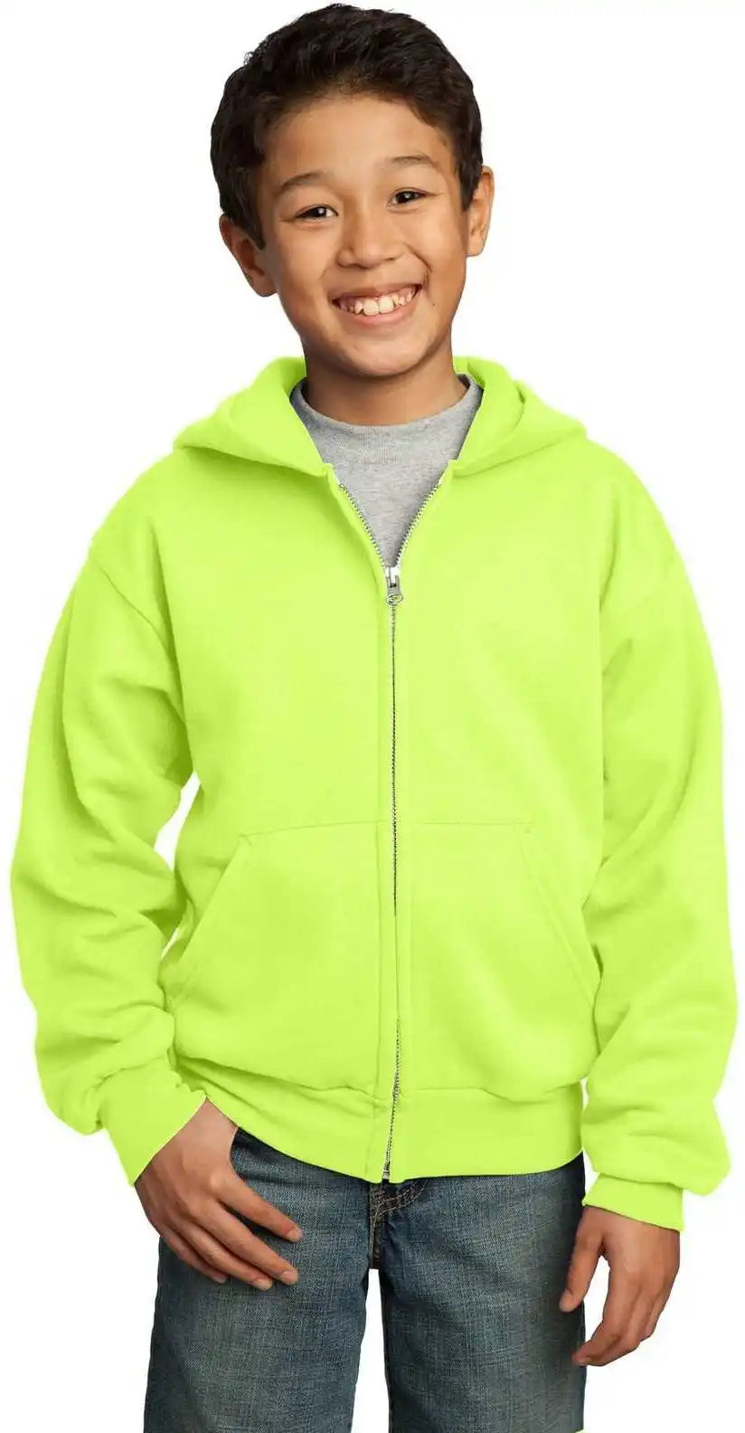 Port &amp; Company Pc90yzh Youth Core Fleece Full Zip Hooded Sweatshirt Neon Yellow