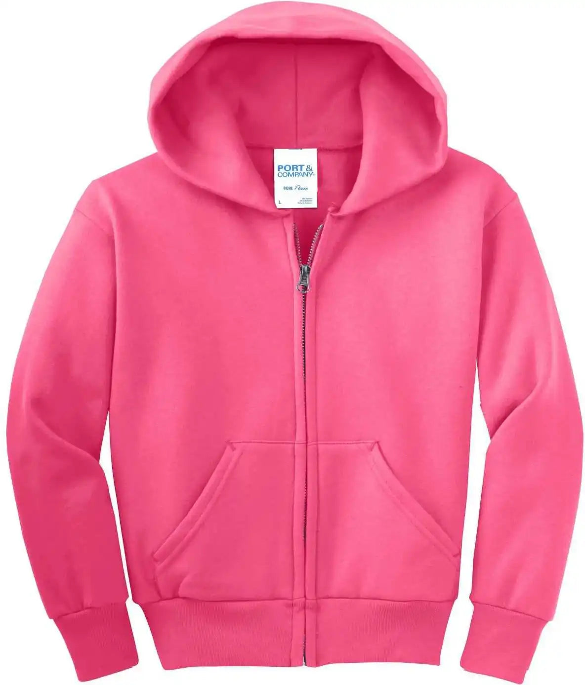 Port &amp; Company Pc90yzh Youth Core Fleece Full Zip Hooded Sweatshirt Neon Pink
