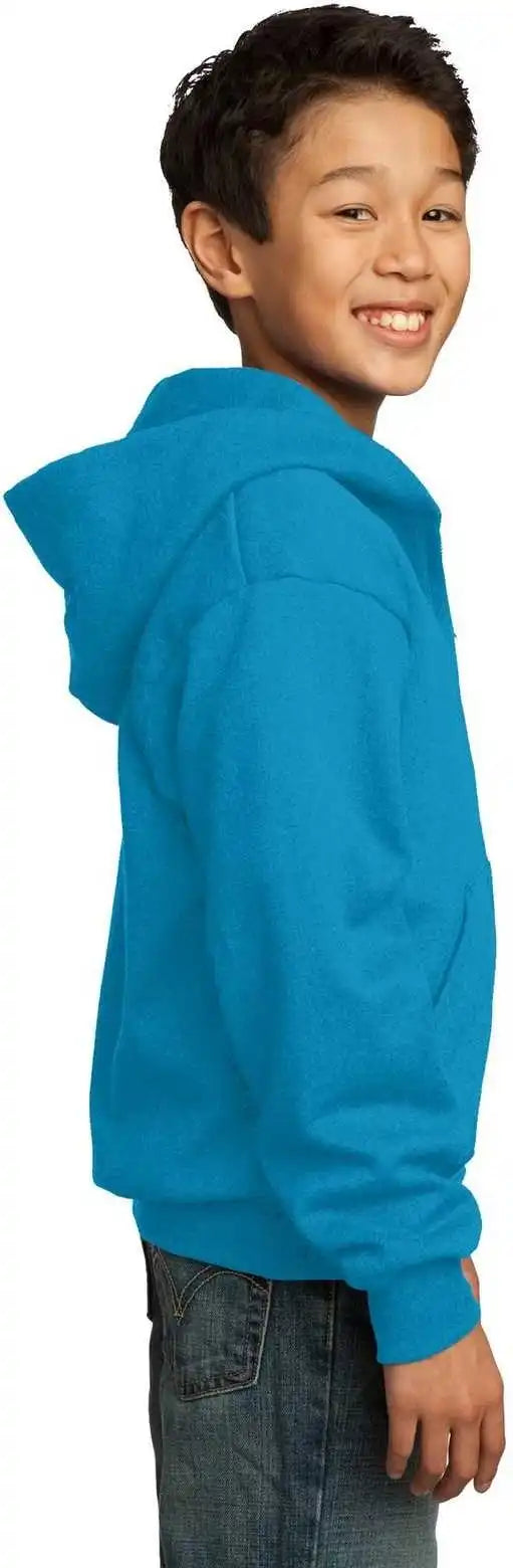 Port &amp; Company Pc90yzh Youth Core Fleece Full Zip Hooded Sweatshirt Neon Blue