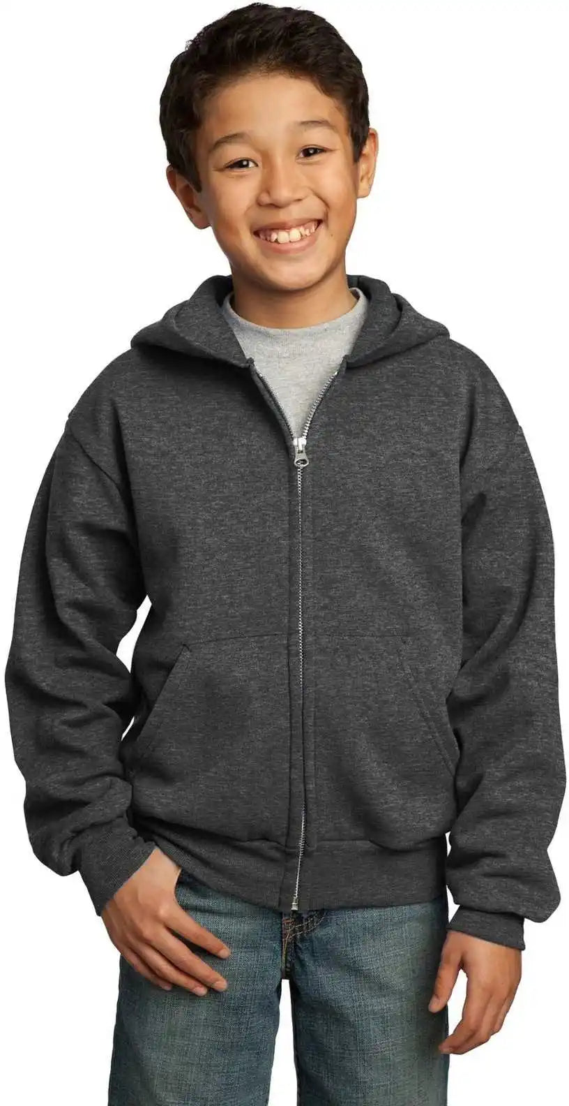 Port & Company Pc90yzh Youth Core Fleece Full-zip Hooded Sweatshirt - Dark Heather Gray