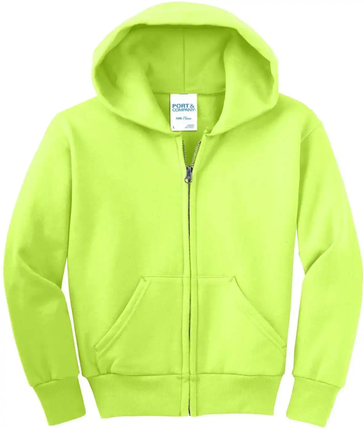 Port &amp; Company Pc90yzh Youth Core Fleece Full Zip Hooded Sweatshirt Neon Yellow