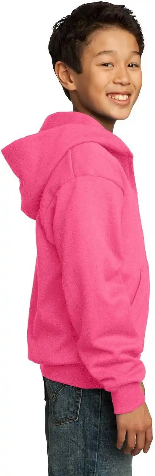Port &amp; Company Pc90yzh Youth Core Fleece Full Zip Hooded Sweatshirt Neon Pink