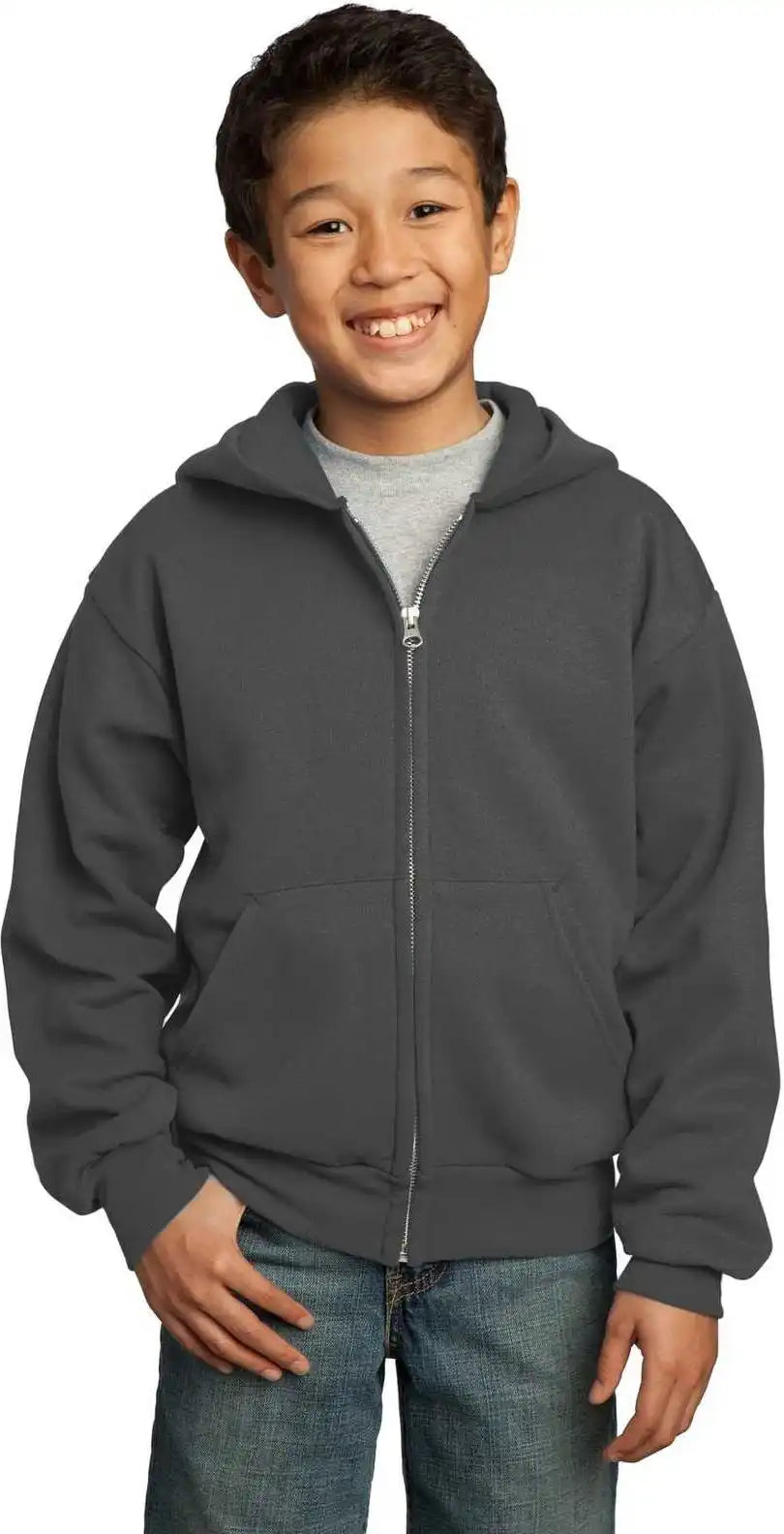 Port &amp; Company Pc90yzh Youth Core Fleece Full Zip Hooded Sweatshirt Charcoal