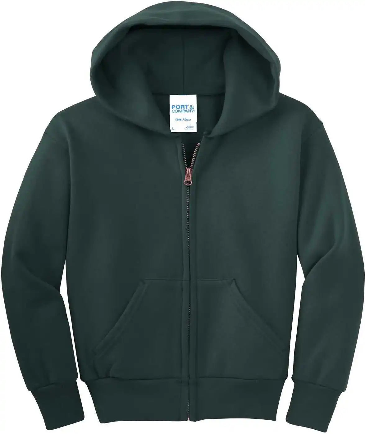 Port &amp; Company Pc90yzh Youth Core Fleece Full Zip Hooded Sweatshirt Dark Green