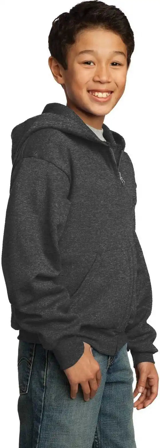 Port & Company Pc90yzh Youth Core Fleece Full-zip Hooded Sweatshirt - Dark Heather Gray