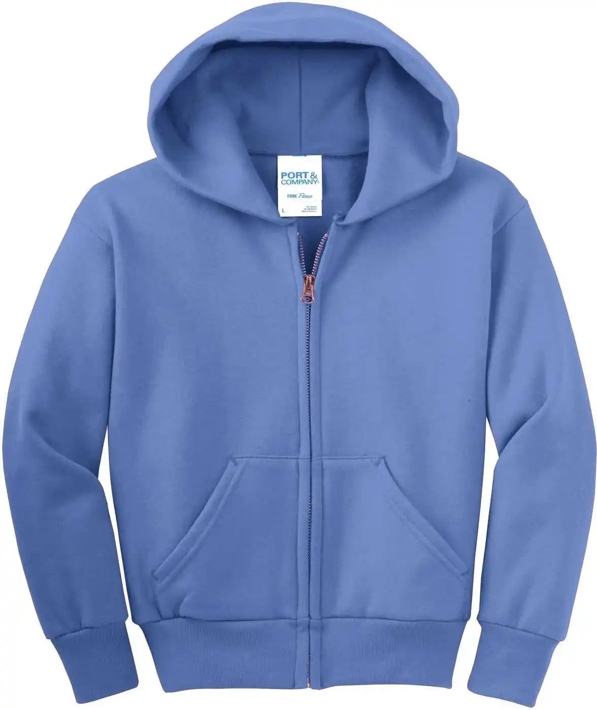 Port &amp; Company Pc90yzh Youth Core Fleece Full Zip Hooded Sweatshirt Carolina Blue