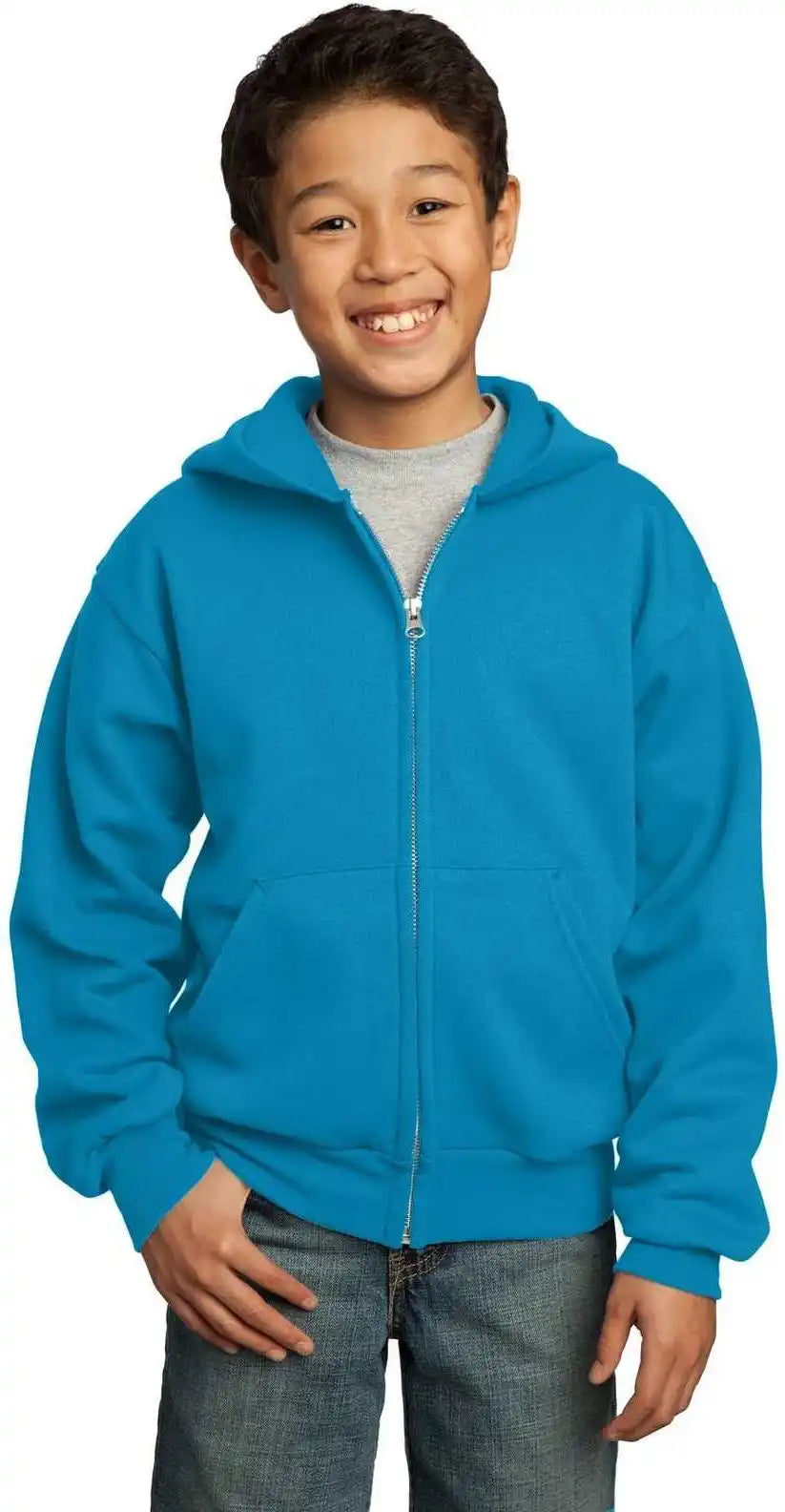 Port & Company Pc90yzh Youth Core Fleece Full-zip Hooded Sweatshirt - Neon Blue