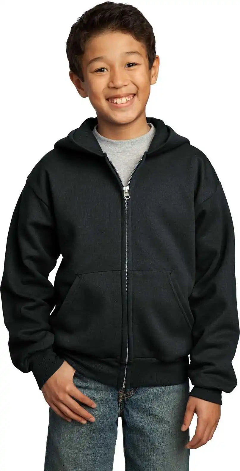 Port &amp; Company Pc90yzh Youth Core Fleece Fullzip Hooded Sweatshirt - Jet Black