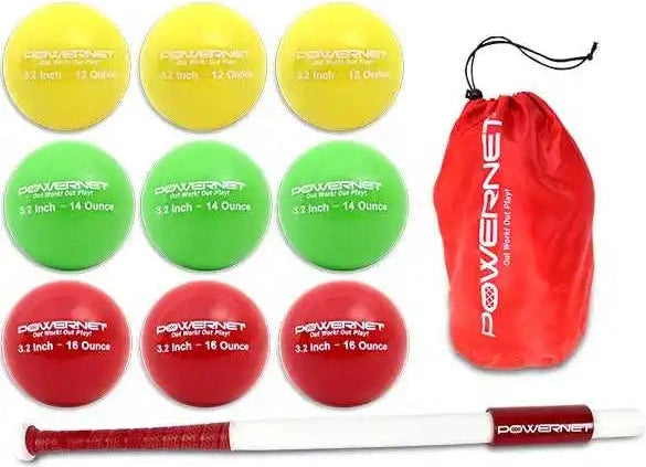 Powernet Sweet Spot 34’’ Training Bat and 2.8’’ Progressive Weighted Ball (9 Pack) - Bundle - Multi-colored