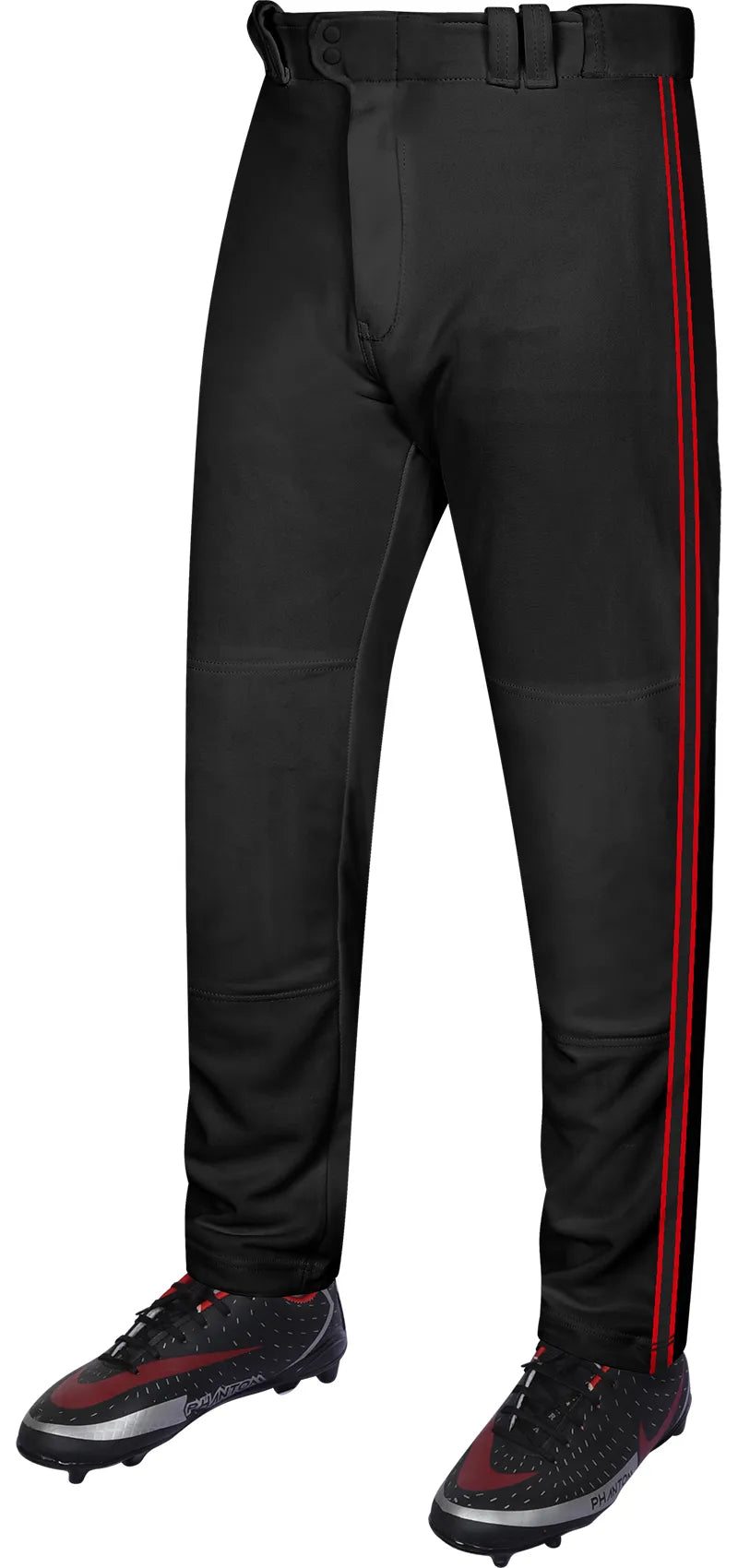 Proline Adult Full Length Baseball Pants with Stripes (black) - Black/red / Small