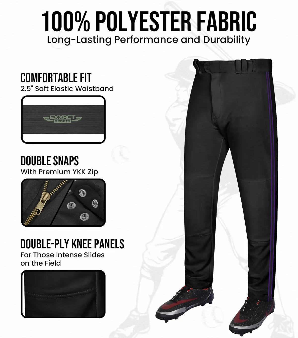 Proline Adult Full Length Baseball Pants with Stripes (black)