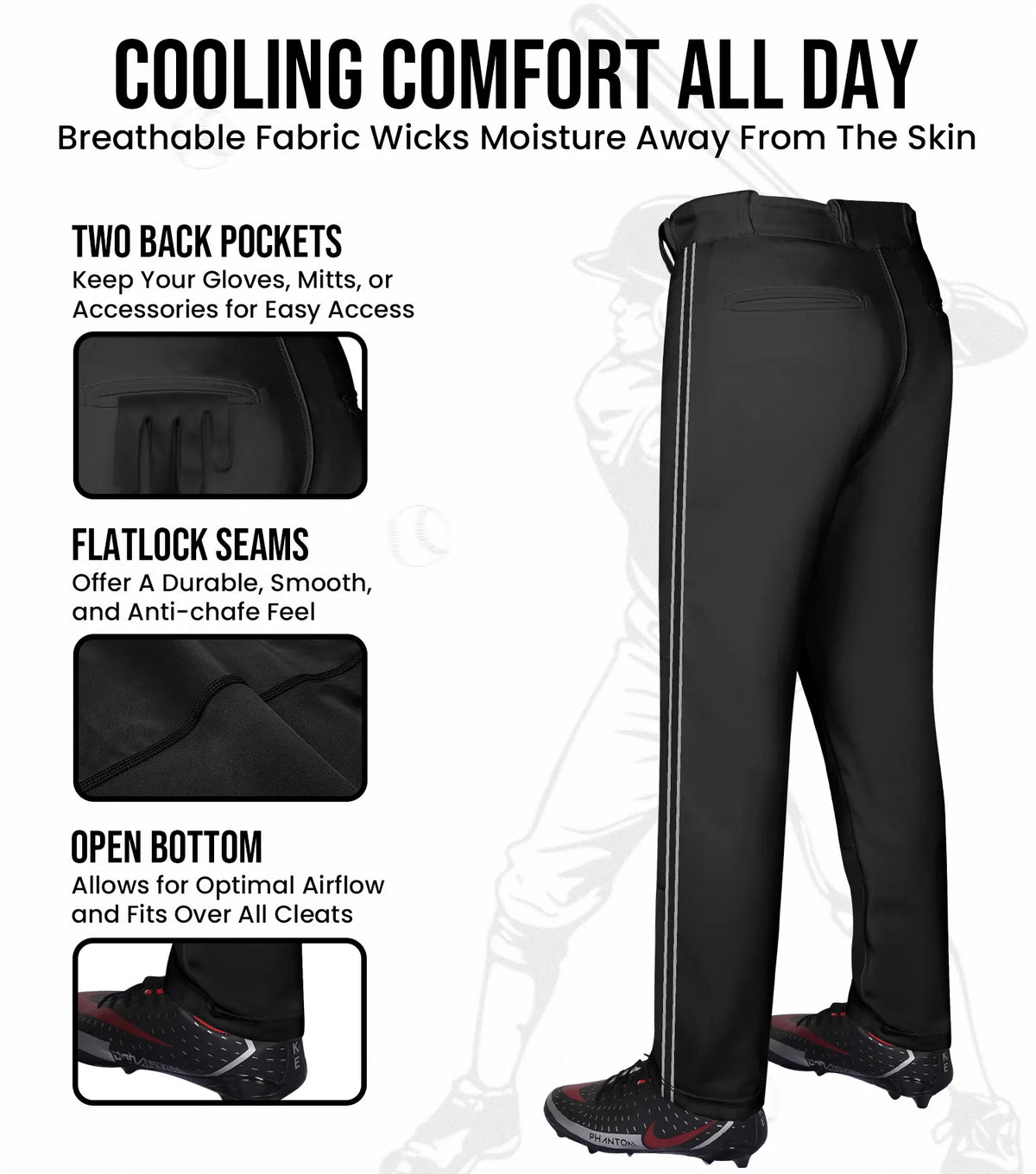 Proline Adult Full Length Baseball Pants with Stripes (black)