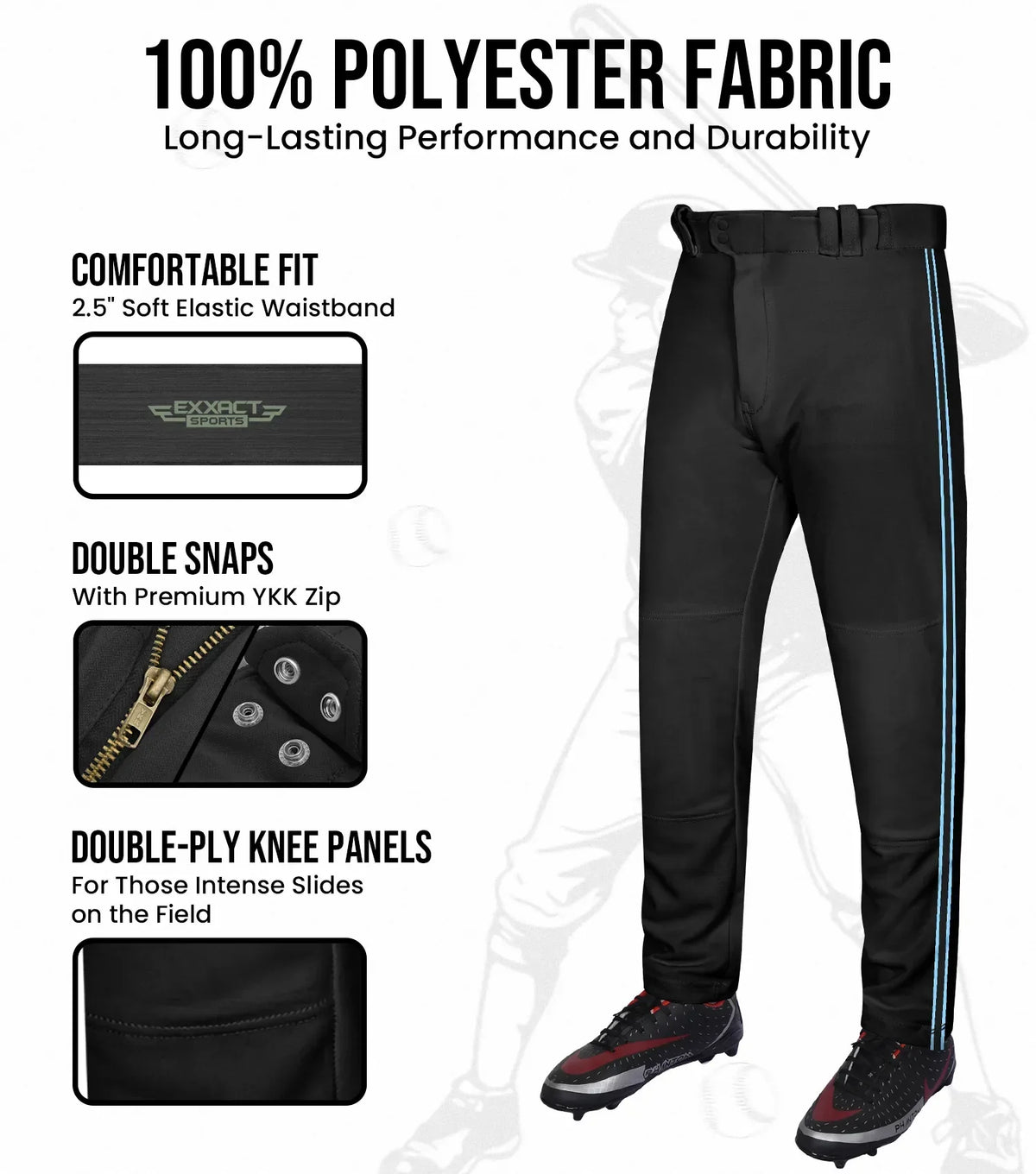 Proline Adult Full Length Baseball Pants with Stripes (black)