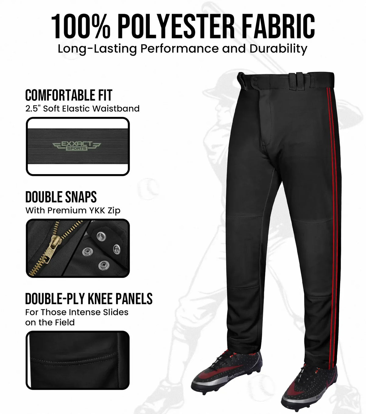 Proline Adult Full Length Baseball Pants with Stripes (black)