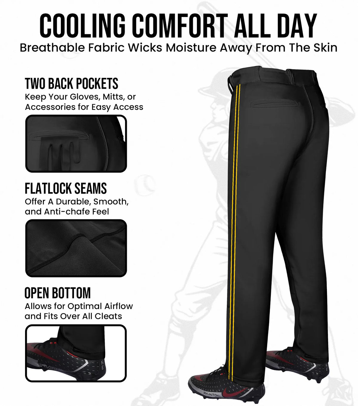 Proline Adult Full Length Baseball Pants with Stripes (black)