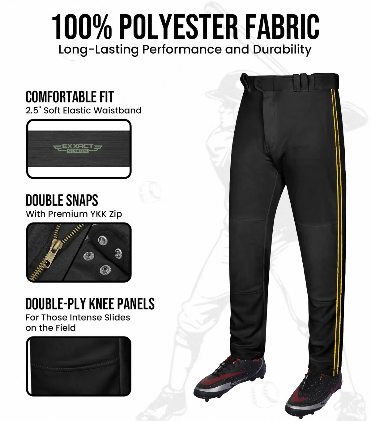 Proline Adult Full Length Baseball Pants with Stripes (black)