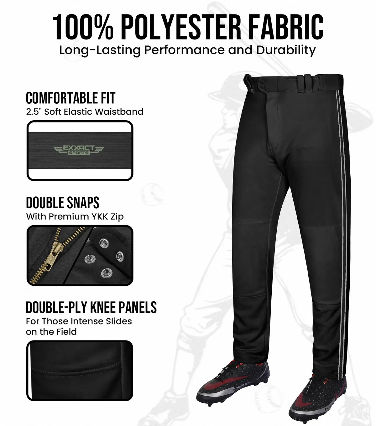 Proline Adult Full Length Baseball Pants with Stripes (black)