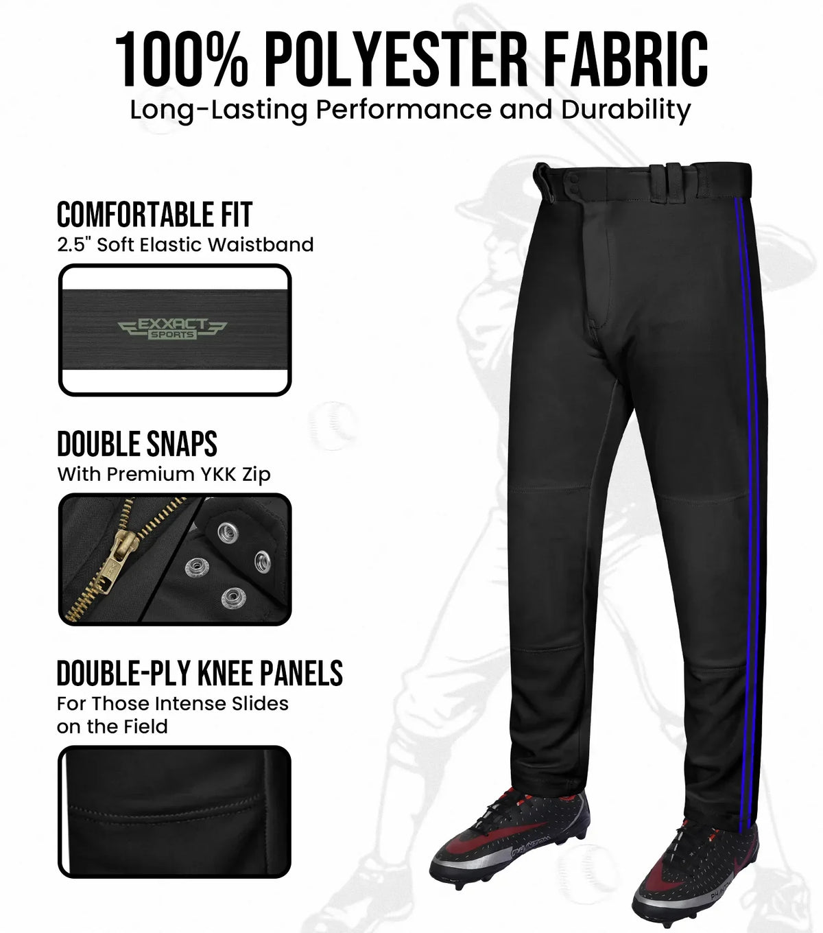 Proline Adult Full Length Baseball Pants with Stripes (black)