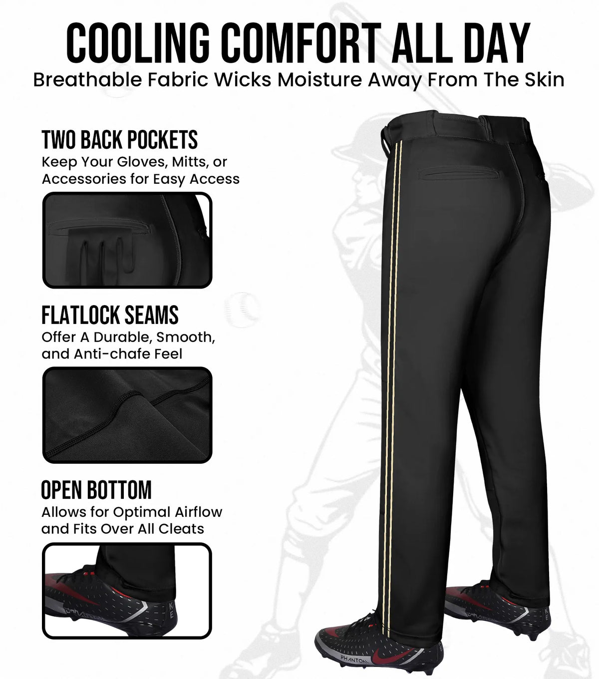 Proline Adult Full Length Baseball Pants with Stripes (black)