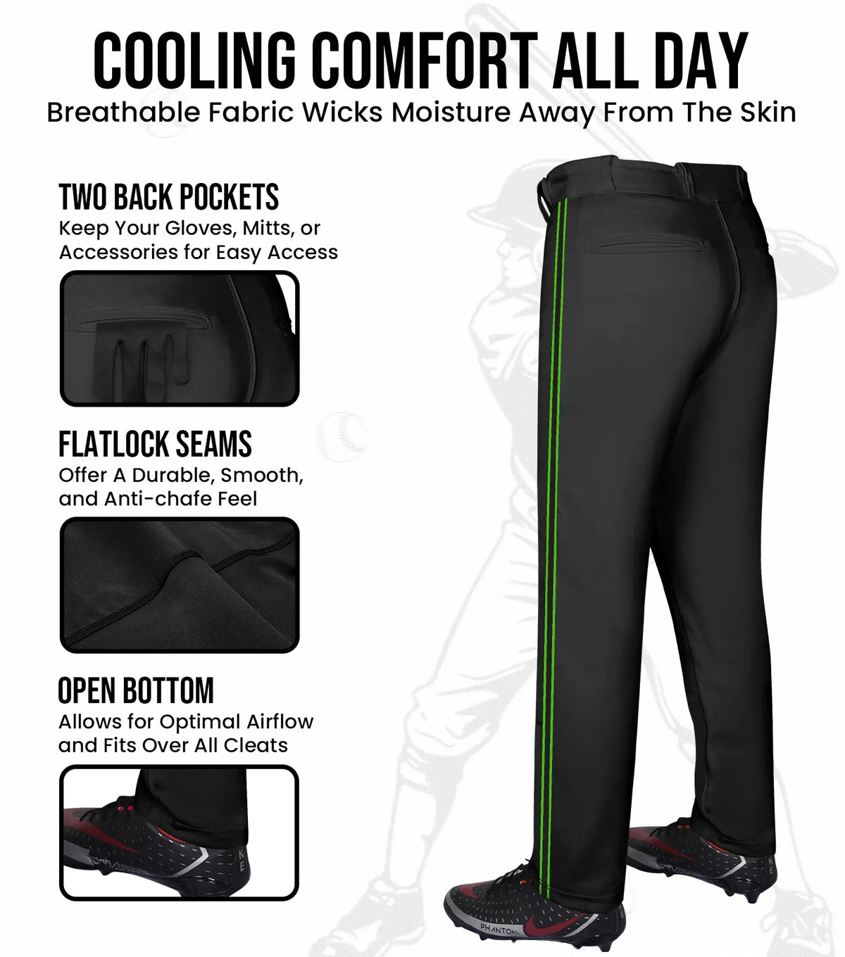 Proline Adult Full Length Baseball Pants with Stripes (black)