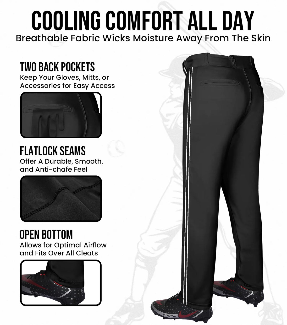 Proline Adult Full Length Baseball Pants with Stripes (black)