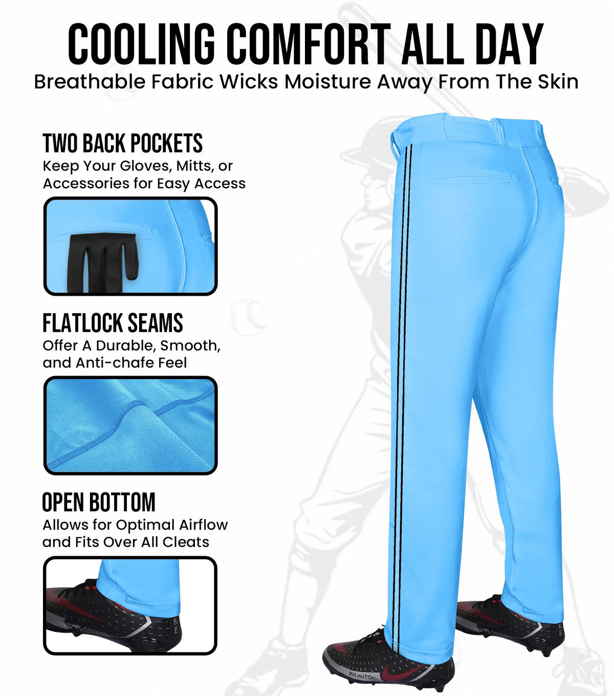 Proline Adult Full Length Baseball Pants with Stripes (sky)