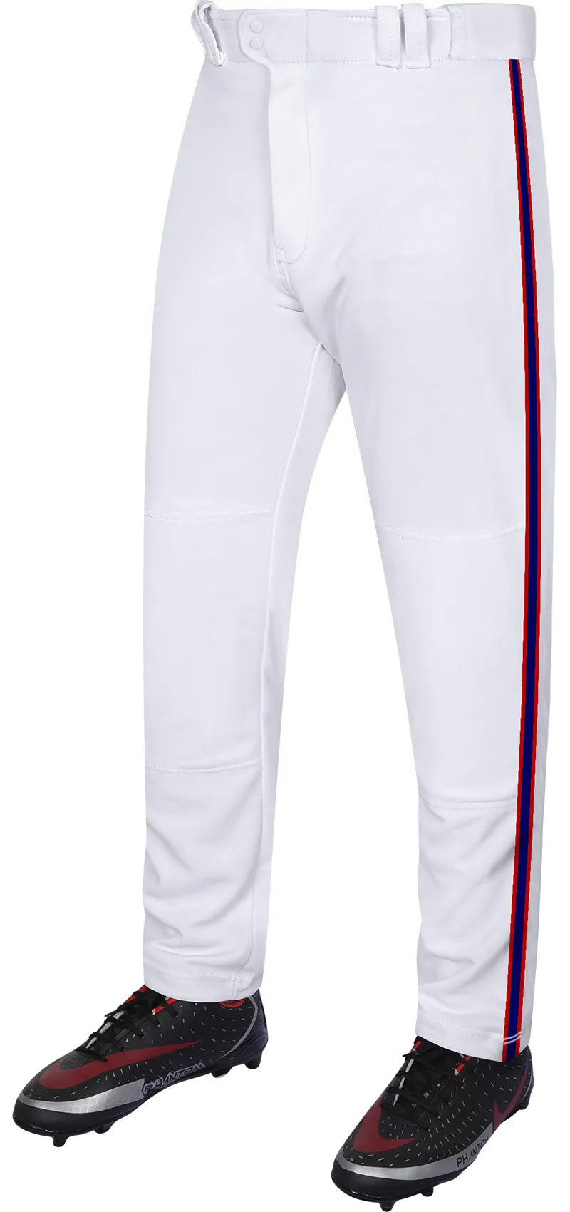 Proline Adult Full Length Baseball Pants with Stripes (white) - White/navy-red / Small
