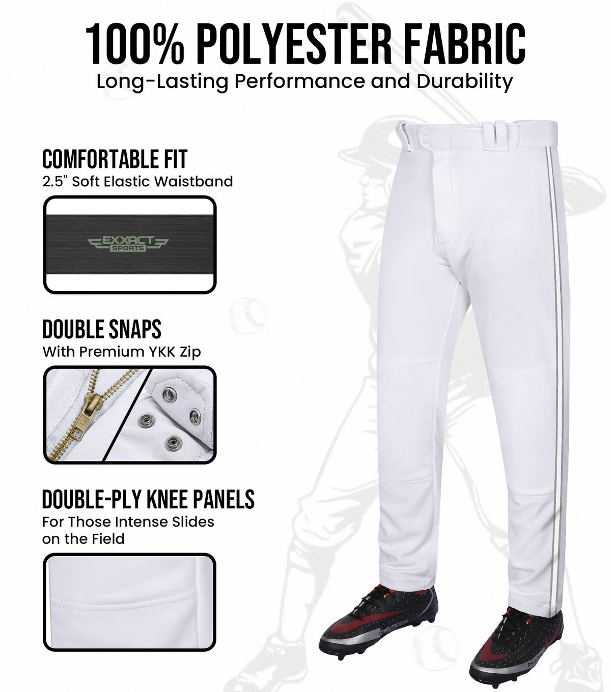 Proline Adult Full Length Baseball Pants with Stripes (white)