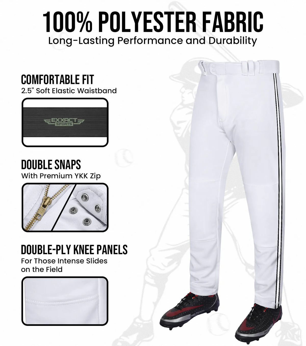 Proline Adult Full Length Baseball Pants with Stripes (white)
