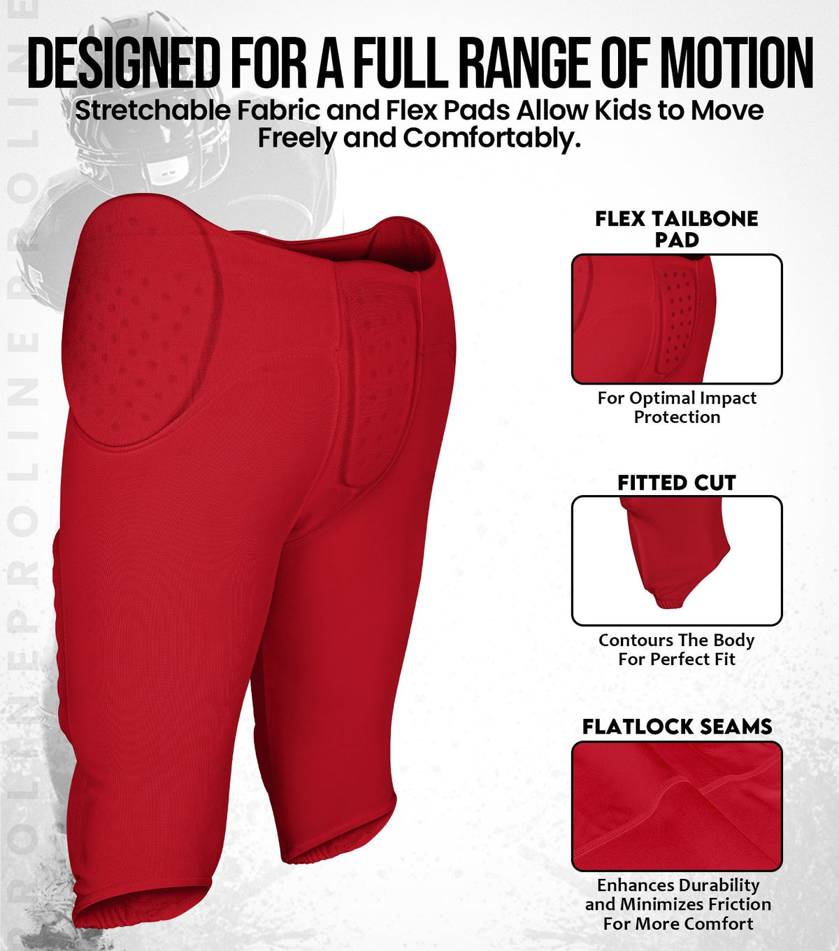 Proline Boys Integrated Football Pants with 7 Flex Pads Red (youth)