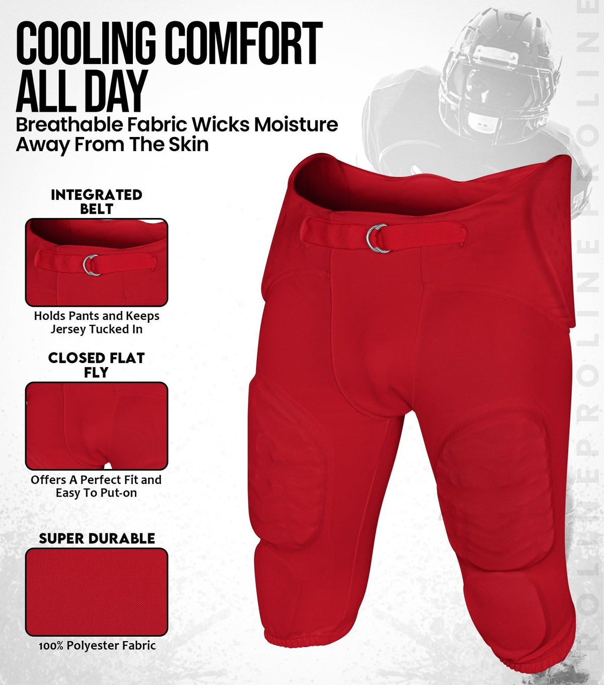Proline Boys Integrated Football Pants with 7 Flex Pads Red (youth)