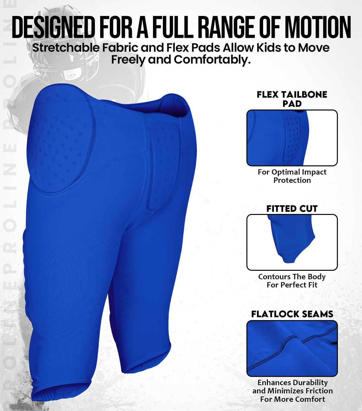 Proline Boys Integrated Football Pants with 7 Flex Pads Royal Blue (youth)