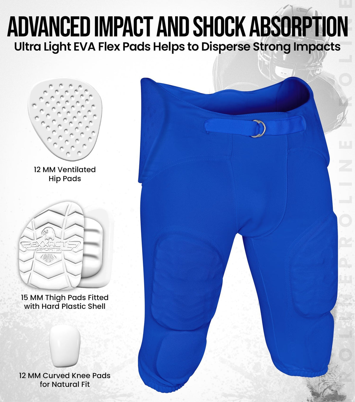 Proline Boys Integrated Football Pants with 7 Flex Pads Royal Blue (youth)