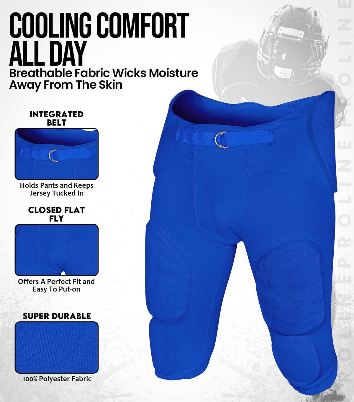 Proline Boys Integrated Football Pants with 7 Flex Pads Royal Blue (youth)