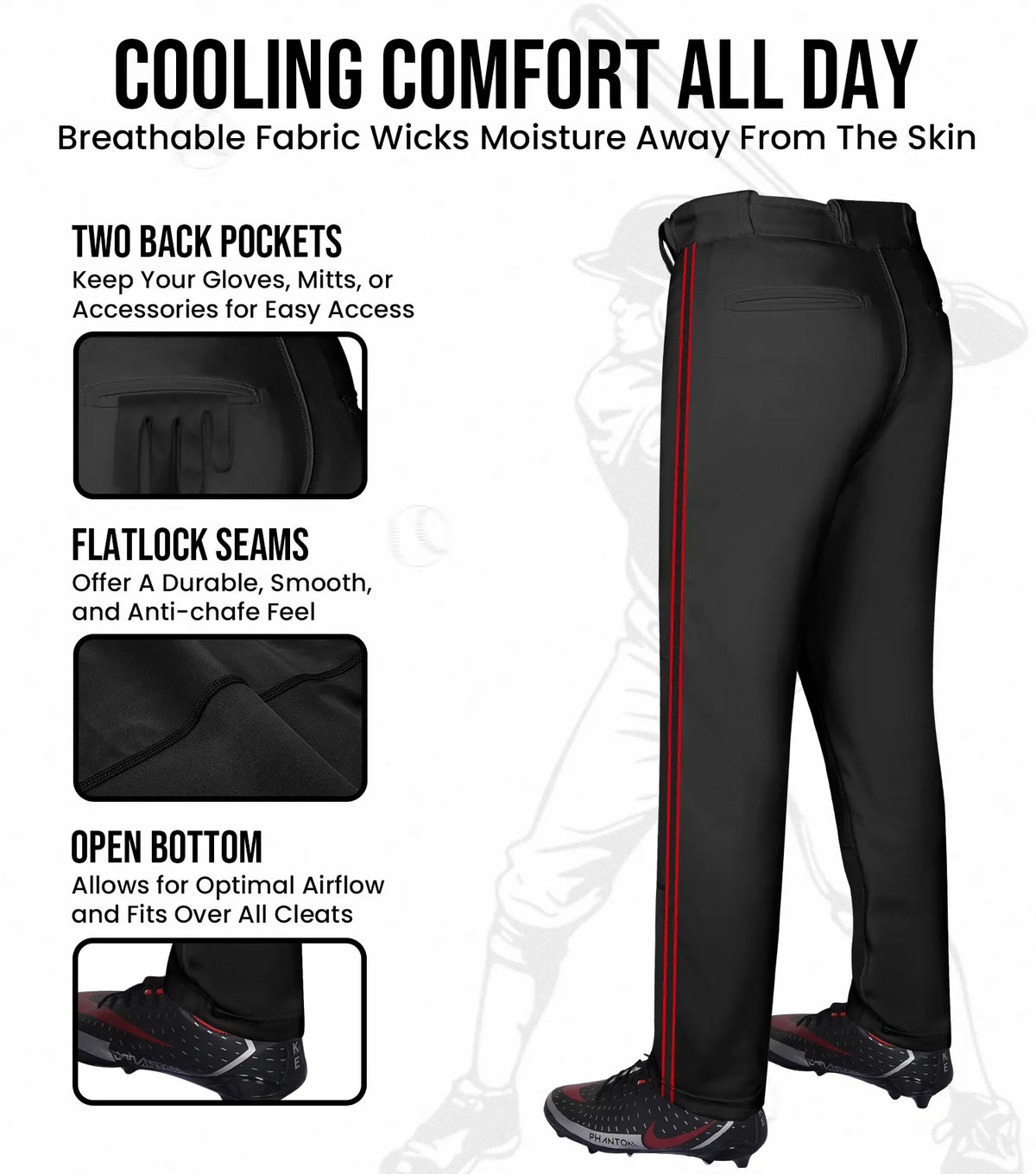 Proline Youth Full Length Baseball Pants with Stripes (black)