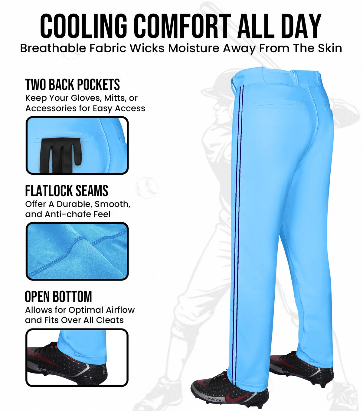 Proline Youth Full Length Baseball Pants with Stripes (sky)