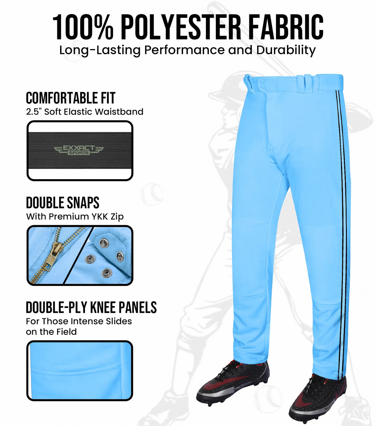 Proline Youth Full Length Baseball Pants with Stripes (sky)