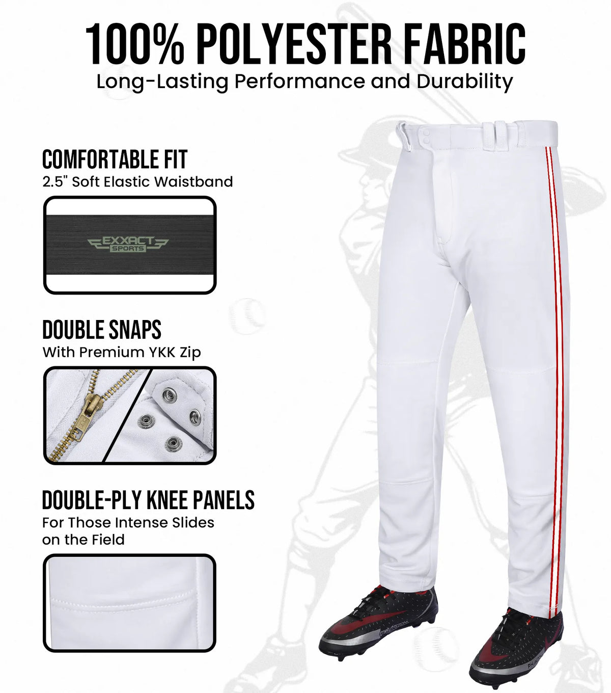 Proline Youth Full Length Baseball Pants with Stripes (white)